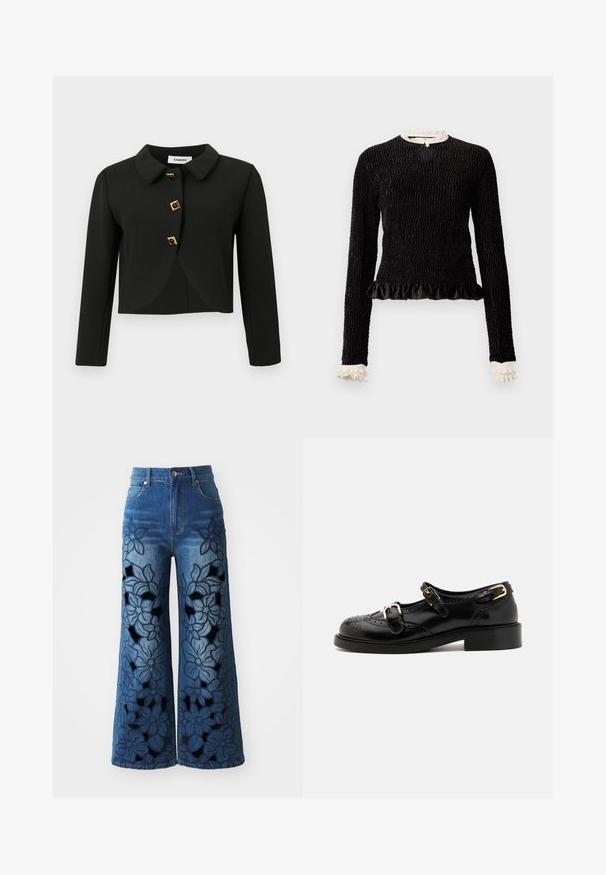 Melnā lietotā jakas ar noapaļotu apkakli, četriem kvadrātveida pogām ar zeltītām akcentiem un gariem piedurknēm, izgatavota no gludas auduma.; Melnas garām piedurknēm blūze ar teksturētu audumu, viļņotu apakšmalu un baltajiem viļņotajiem akcentiem apkaklē un piedurkņu galos. Iekļauj centrālo aplokšņu aizdari.; Denim platām kājām bikses ar ziedu izšuvumiem un izgriezumiem uz kājām. Tām ir gaiši tumši zils gradienta krāsojums un klasiskā piecu kabatu dizains.; Melnas ādas kurpes ar brogue detaļām, ar diviem sprādžu siksnām, noapaļotu purngalu un zemu papēdi. Gluda tekstūra ar spīdīgu apdari.