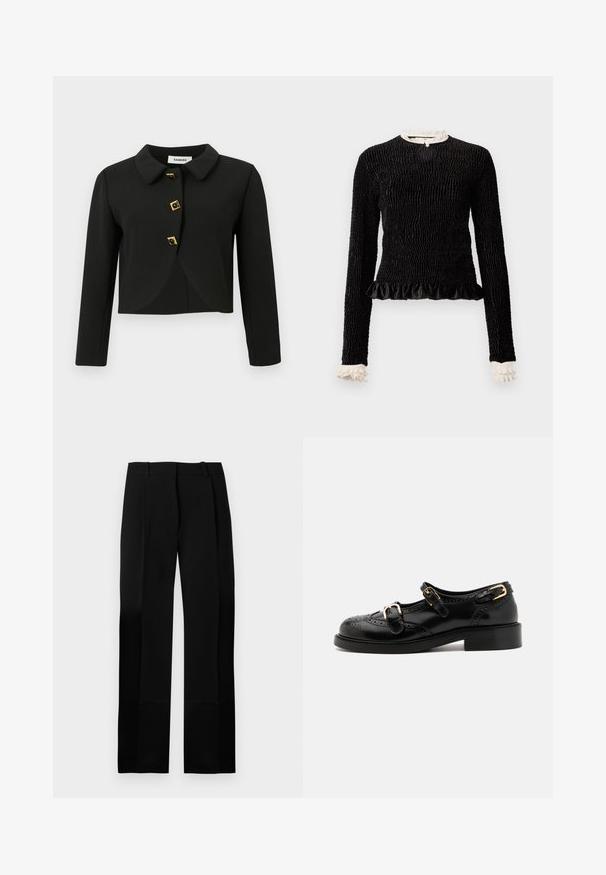 Veste noire cropped avec un col arrondi, quatre boutons carrés avec des accents dorés et des manches longues, fabriquée dans un tissu lisse.; Haut à manches longues noir en tissu texturé, avec un ourlet à volants et des accents de volants blancs au col et aux poignets. Il dispose d'une fermeture centrale en boucle.; Pantalon noir sur mesure avec une texture lisse, coupe droite et plis à l'avant. Comprend une ceinture plate sans quincaillerie visible.; Chaussures en cuir noir avec détails de brogue, dotées de deux sangles à boucle, d'un bout arrondi et d'un talon bas. Texture lisse avec finition brillante.