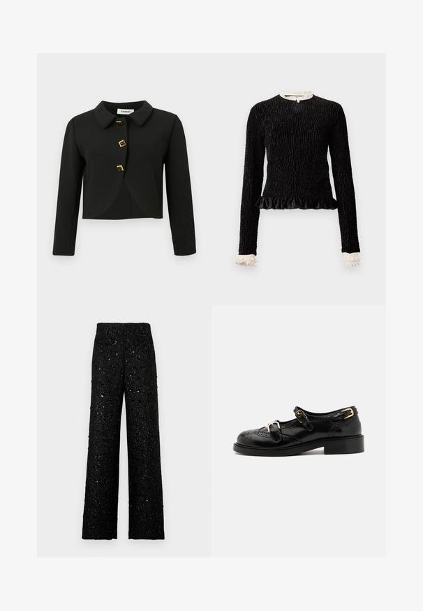 Schwarze, cropped Jacke mit rundem Kragen, vier quadratischen Knöpfen mit goldenen Akzenten und langen Ärmeln, aus einem glatten Stoff gefertigt.; Schwarzes Langarmoberteil aus strukturiertem Stoff mit gerafftem Saum und weißen Rüschendetails am Kragen und an den Ärmeln. Verfügt über einen zentralen Schlaufenverschluss.; Schwarze, weite Hosen aus einem strukturierten, glitzernden Stoff mit verstreuten kleinen Pailletten für einen schimmernden Effekt.; Schwarze Lederschuhe mit Broguedetails, ausgestattet mit zwei Schnallenriemen, einer abgerundeten Zehenpartie und einem flachen Absatz. Glatte Textur mit glänzendem Finish.