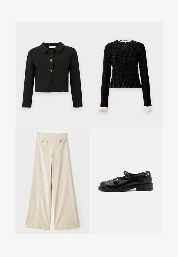 Črna skrajšana jakna z zaobljenim ovratnikom, štirimi kvadratnimi gumbi z zlatimi akcenti in dolgimi rokavi, izdelana iz gladkega blaga.; Črn dolg rokav vrh z teksturirano tkanino, nabranim robom in belimi nabranimi poudarki na ovratniku in manšetah. Ima osrednji zanka zapiranje.; Bež široke hlače z visokim pasom, ki imajo dve dekorativni sprednji žepi in zlate gumbe na vsaki strani. Gladka tekstura tkanine.; Črne usnjene čevlje z brogu podrobnostmi, ki vključujejo dva zaponka, okroglo konico in nizko peto. Gladka tekstura z sijočim zaključkom.