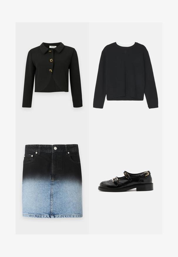 Musta lyhythihainen takki pyöreällä kauluksella, neljällä neliöpainikkeella, joissa on kultaiset yksityiskohdat, ja pitkät hihat, valmistettu sileästä kankaasta.; Mustapaita pitkähihaisilla, pyöreällä kaula-aukolla ja hieman lyhyemmällä helmalla. Valmistettu pehmeästä kankaasta, jossa on hienovarainen logoetus edessä.; Jyvätasku denim-hame, joka esittelee ombré-tyyliä: mustasta ylhäältä vaaleansiniseen alhaalla. Viisi taskua ja hopea yksityiskohtia.; Musta nahkakengät brogue-yksityiskohdilla, joissa on kaksi solkea, pyöristetty kärki ja matala korko. Sileä pinta kiiltävällä viimeistelyllä.