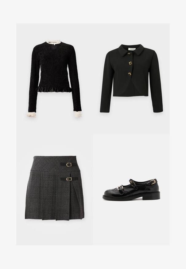 Fekete, cropped dzseki lekerekített gallérral, négy négyzet alakú arany kiegészítőkkel ellátott gombbal és hosszú ujjal, sima anyagból készült.; Fekete, hosszú ujjú blúz struktúrált anyagból, fodros aljjal és fehér fodros díszítéssel a galléron és a mandzsettákon. Középen hurokkal záródik.; Szürke kockás szoknya szabott derékkal, dupla csatos díszítéssel és redőzött fazonnal. Texturált anyagból készült, szőtt mintával.; Fekete bőrcipők brogue díszítéssel, két csattal, lekerekített orral és alacsony sarokkal. Simább felület fényes kivitelben.