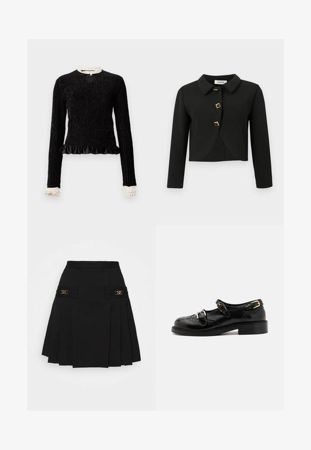 Zwarte cropped jack met een ronde kraag, vier vierkante knopen met goudaccenten en lange mouwen, gemaakt van een gladde stof.; Zwarte lange mouwen top van textuurstof, met een gerimpelde zoom en witte rimpelaccenten bij de kraag en mouwen. Bevat een centrale lus sluiting.; Zwarte geplooide rok met gouden hardware accenten. Beschikt over zijzakken met logo-details, gemaakt van glad materiaal. A-lijn silhouet.; Zwarte leren schoenen met brogue-details, voorzien van twee gespsluitingen, een ronde neus en een lage hak. Glad oppervlak met een glanzende afwerking.
