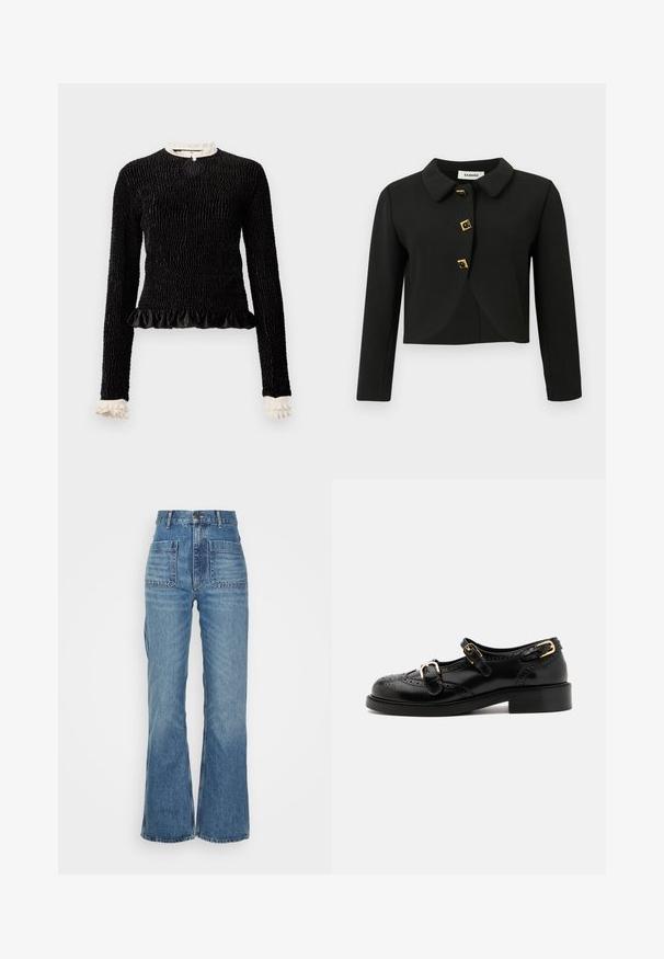 Fekete, cropped dzseki lekerekített gallérral, négy négyzet alakú arany kiegészítőkkel ellátott gombbal és hosszú ujjal, sima anyagból készült.; Fekete, hosszú ujjú blúz struktúrált anyagból, fodros aljjal és fehér fodros díszítéssel a galléron és a mandzsettákon. Középen hurokkal záródik.; Magas derekú kék farmernadrág, szélesített lábbal, két elülső zsebbel és két hátsó zsebbel; texturált anyag, kopott hatású mosással.; Fekete bőrcipők brogue díszítéssel, két csattal, lekerekített orral és alacsony sarokkal. Simább felület fényes kivitelben.