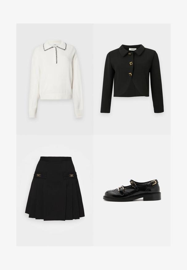 Juodas trumpas švarkas su apvaliu apykakle, keturiais kvadratiniais mygtukais su auksiniais akcentais ir ilgomis rankovėmis, pagamintas iš lygaus audinio.; Baltas megztinis su juodu apykaklės kraštu, turintis užsegamą apykaklę ir megztus manžetus bei apatinę dalį, sukuriantį prigludusį siluetą.; Juoda klostuota sijonas su auksiniais akcentais. Yra šoninės kišenės su logotipo detalėmis, pagamintas iš lygaus audinio. A formos siluetas.; Juodi odiniai batai su brogučių detalėmis, turintys dvi sagtis, apvalų nosį ir žemą kulną. Lygus paviršius su blizgiu finišu.