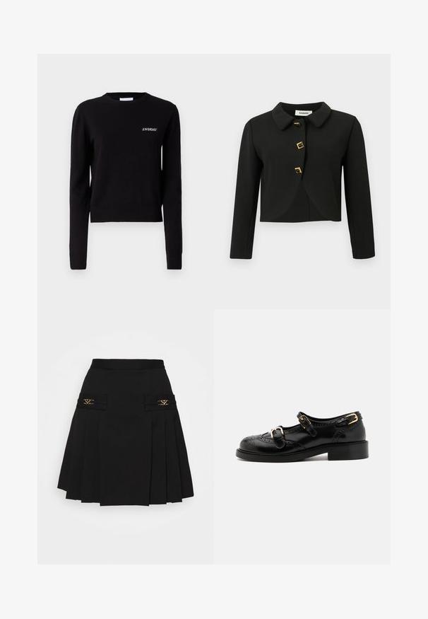 Fekete, cropped dzseki lekerekített gallérral, négy négyzet alakú arany kiegészítőkkel ellátott gombbal és hosszú ujjal, sima anyagból készült.; Fekete kötött pulóver hosszú ujjakkal, kerek nyakkivágással, bordás mandzsettákkal és aljjal. Az elülső részen "2ND DAY" logó hímzett.; Fekete, pliszézett szoknya arany színű fémrészekkel. Oldalsó zsebekkel rendelkezik logós részletekkel, sima anyagból készült. A-vonalú siluett.; Fekete bőrcipők brogue díszítéssel, két csattal, lekerekített orral és alacsony sarokkal. Simább felület fényes kivitelben.