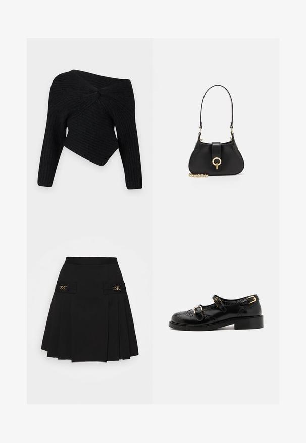 Musta lyhythihainen takki pyöreällä kauluksella, neljällä neliöpainikkeella, joissa on kultaiset yksityiskohdat, ja pitkät hihat, valmistettu sileästä kankaasta.; Musta, ribatattu neulepaita olkapäiltä avattuna, takana kieputettu yksityiskohta ja pitkät hihat.; Musta laskostettu hame kullansävyisillä yksityiskohdilla. Sivutaskut logotiedoilla, valmistettu sileästä materiaalista. A-linjainen siluetti.; Musta nahkakengät brogue-yksityiskohdilla, joissa on kaksi solkea, pyöristetty kärki ja matala korko. Sileä pinta kiiltävällä viimeistelyllä.; sandro JANET - Käsilaukku - noir