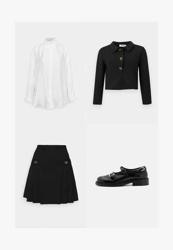 Zwarte cropped jack met een ronde kraag, vier vierkante knopen met goudaccenten en lange mouwen, gemaakt van een gladde stof.; Witte satijnen shirt met een hoge rimpelkragen, lange mouwen met geprofileerde manchetten en een knoopsluiting aan de voorkant. Glad textuur met een relaxte pasvorm.; Zwarte geplooide rok met gouden hardware accenten. Beschikt over zijzakken met logo-details, gemaakt van glad materiaal. A-lijn silhouet.; Zwarte leren schoenen met brogue-details, voorzien van twee gespsluitingen, een ronde neus en een lage hak. Glad oppervlak met een glanzende afwerking.