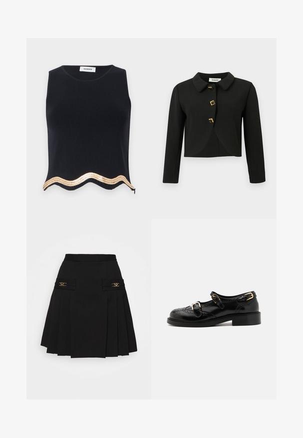 Giacca nera corta con colletto rotondo, quattro bottoni quadrati con dettagli dorati e maniche lunghe, realizzata in un tessuto liscio.; Top nero senza maniche con finitura testurizzata, caratterizzato da un orlo scallop decorato con paillettes dorate e una cerniera laterale discreta.; Gonna plissettata nera con dettagli in metallo dorato. Presenta tasche laterali con logo, realizzata in materiale liscio. Silhouette a forma di A.; Scarpe in pelle nera con dettagli brogue, dotate di due cinturini con fibbia, punta arrotondata e tacco basso. Texture liscia con finitura lucida.