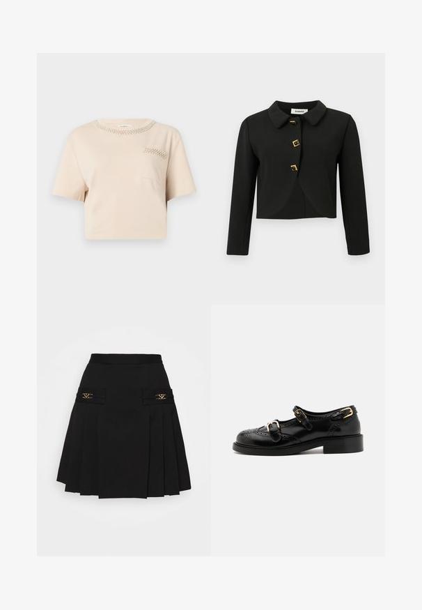 Čierna skrátená bunda s okrúhlym golierom, štyrmi štvorcovými gombíkmi so zlatými akcentmi a dlhými rukávmi, vyrobená z hladkej tkaniny.; Béžové tričko s krátkym rukávom, okrúhlym výstrihom, ozdobené korálkovým detailom a malou náprsného vreckom s podobným korálkovým dizajnom.; Čierna plisovaná sukňa so zlatými kovovými detailmi. Obsahuje bočné vrecká s logom, vyrobená z hladkého materiálu. A-línie silueta.; Čierne kožené topánky s brogue detailami, vybavené dvoma prackami, zaoblenou špičkou a nízkym podpätkom. Hladká textúra s lesklým povrchom.