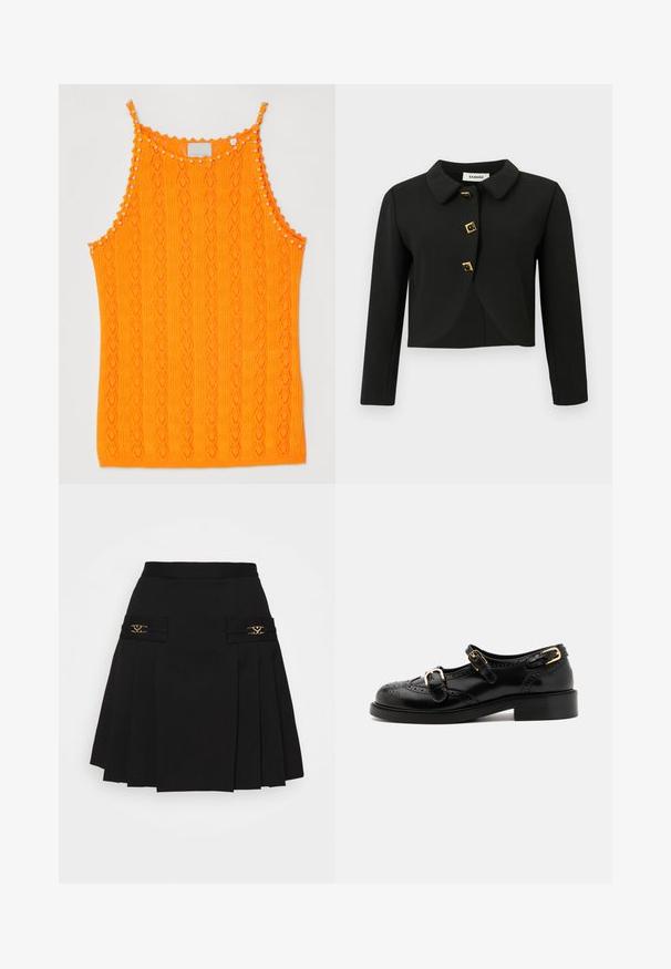 Μαύρο κοντό μπουφάν με στρογγυλή γιακά, τέσσερις τετράγωνους κοχλίες με χρυσές λεπτομέρειες και μακριά μανίκια, φτιαγμένο από ένα λείο ύφασμα.; Λαμπερό πορτοκαλί πλεκτό αμάνικο μπλουζάκι με σχέδιο διαμαντιών και μικρές φούντες κατά μήκος του λαιμού και των τιράντων.; Μαύρη φούστα με πτυχώσεις και χρυσές λεπτομέρειες. Διαθέτει πλαϊνές τσέπες με λογότυπο, κατασκευασμένη από απαλό υλικό. Α-γραμμή σιλουέτα.; Μαύρα δερμάτινα παπούτσια με μπρογχοειδή λεπτομέρεια, διαθέτοντας δύο ζώνες με αγκράφες, στρογγυλή μύτη και χαμηλό τακούνι. Λείος υφή με γυαλιστερό φινίρισμα.