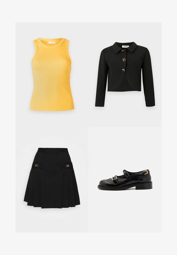 Črna skrajšana jakna z zaobljenim ovratnikom, štirimi kvadratnimi gumbi z zlatimi akcenti in dolgimi rokavi, izdelana iz gladkega blaga.; Rumena rebrasta brezrokavna majica z okroglo izrezom in prilegajočim silhueto. Gladka tekstura, minimalističen dizajn in brez vidne kovine ali okrasnih elementov.; Črna plisirana krila z zlatimi dodatki. Ima stranske žepe z logotipom, izdelana je iz gladkega materiala. A-linijska silhueta.; Črne usnjene čevlje z brogu podrobnostmi, ki vključujejo dva zaponka, okroglo konico in nizko peto. Gladka tekstura z sijočim zaključkom.
