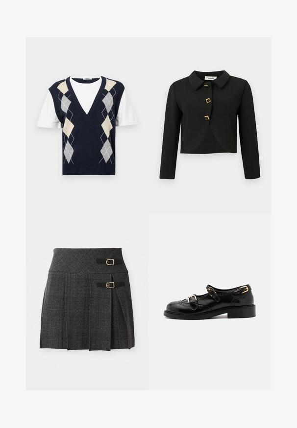 Sort cropped jakke med en rund krave, fire firkantede knapper med guld detaljer og lange ærmer, lavet af et glat stof.; Marineblå kortærmet vest med en hvid t-shirt som underlag. Har et argyle mønster i grå, beige og hvid. V-hals design.; Grå plaid nederdel med en tætsiddende talje, der har dobbelt spænde og plisseringer. Fremstillet af tekstureret stof med et vævet design.; Sorte lædersko med brogue-detaljer, der har to spænder, rund tå og lav hæl. Glat tekstur med blank finish.