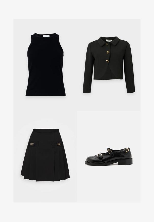 Must must jacket ümmarguste kaelustega, nelja ruudukujulise nupuga kuldsete aksentidega ja pikkade varrukatega, valmistatud siledast kangast.; Must have mustriba tank top ümmarguse kaeluse ja laiade õlgadega. Ilma dekoreerimise või mustriteta. Sile tekstuur.; Must mustriga seelik kuldsete detailidega. Omab küljetaskuid logodetailidega, valmistatud siledast materjalist. A-laineline siluett.; Mustal nahast kingad brogue-tekstiiliga, millel on kaks pandla rihma, ümar varvas ja madal konts. Sujuv tekstuur ja läikiv viimistlus.