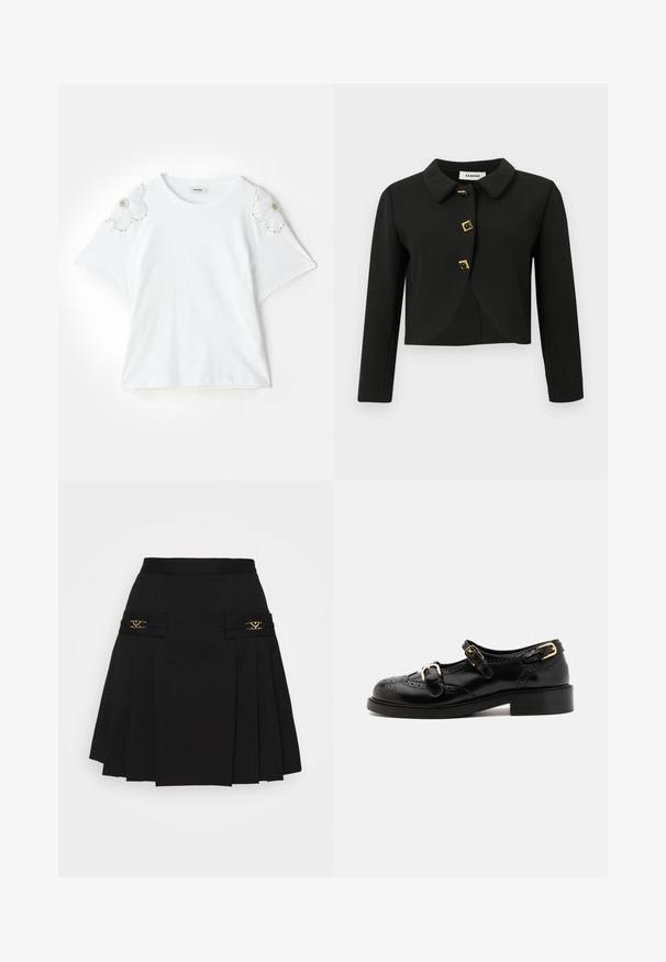 Czarna krótka kurtka z okrągłym kołnierzem, czterema kwadratowymi guzikami z złotymi akcentami oraz długimi rękawami, wykonana z gładkiego materiału.; sandro - T-shirt z nadrukiem; Czarna plisowana spódnica z złotymi akcentami. Posiada boczne kieszenie z logo, wykonana z gładkiego materiału. Sylwetka w kształcie litery A.; Czarne skórzane buty z detalami brogu, z dwoma klamrami, okrągłym noskiem i niskim obcasem. Gładka tekstura z błyszczącym wykończeniem.