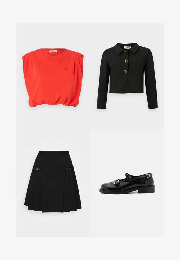 Giacca nera corta con colletto rotondo, quattro bottoni quadrati con dettagli dorati e maniche lunghe, realizzata in un tessuto liscio.; sandro Top - rouge; Gonna plissettata nera con dettagli in metallo dorato. Presenta tasche laterali con logo, realizzata in materiale liscio. Silhouette a forma di A.; Scarpe in pelle nera con dettagli brogue, dotate di due cinturini con fibbia, punta arrotondata e tacco basso. Texture liscia con finitura lucida.