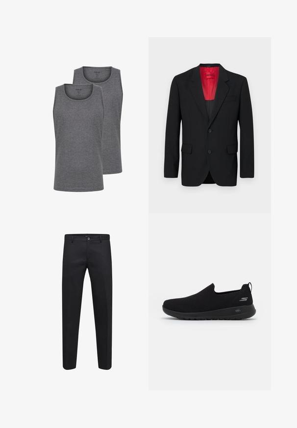 Sort blazer lavet af glat stof, der har en rød foring, to frontlommer og to knapper. Klippede slag tilføjer struktureret detalje.; Brun striktrøje med rund halsudskæring, lange ærmer, ribkantede manchetter og kant. Fremstillet af blødt, tekstureret materiale. Ingen mønstre eller detaljer synlige.; To grå tank tops lavet af blød bomuldsblanding. Har en rund halsudskæring og ærmeløs design. Glat tekstur og regular fit.; Sorte skræddersyede bukser lavet af et glat stof, som har knaplukning, bæltestropper og sidelommer, med et lige ben-design.; Sorte slip-on sneakers med en åndbar mesh-overdel, rund tå og polstret gummisål. Har et logo på siden.