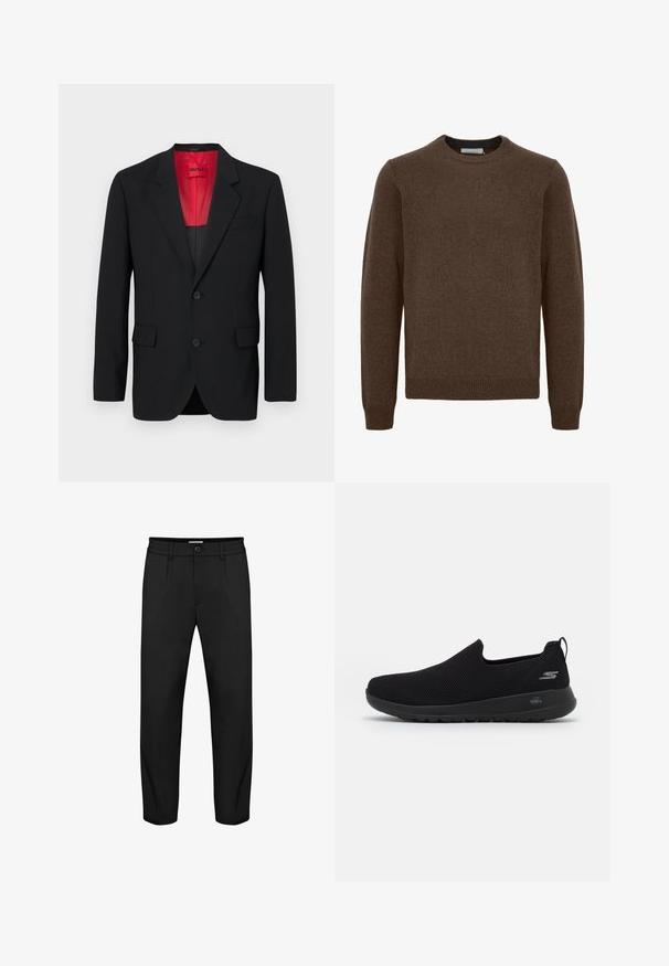 Schwarzer Blazer aus glattem Stoff, mit roter Fütterung, zwei Fronttaschen und zwei Knöpfen. Eingeschnittene Revers verleihen eine strukturierte Detail. ; Brauner Strickpullover mit Rundhalsausschnitt, langen Ärmeln, gerippten Bündchen und Saum. Hergestellt aus weichem, strukturiertem Material. Keine Muster oder Akzente sichtbar.; Schwarze Hose mit geradem Bein, ausgestattet mit einem Knopfverschluss, Seitentaschen und einer glatten Textur. Mit elastischem Taillenbund.; Schwarzer Slip-On Sneaker mit atmungsaktivem Mesh-Obermaterial, runder Zehenpartie und gepolsterter Gummisohle. Mit einem Logo an der Seite.