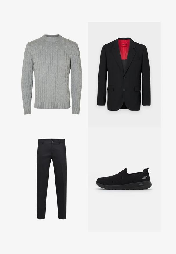 Black blazer made of smooth fabric, featuring a red lining, two front pockets, and two buttons. Notched lapels add structured detail.; Gray cable-knit sweater with a round neckline, ribbed cuffs, and waistband. The texture features raised patterns throughout the fabric.; Black tailored trousers made from a smooth fabric featuring a button closure, belt loops, and side pockets, with a straight-leg design.; Black slip-on sneaker with a breathable mesh upper, round toe, and cushioned rubber sole. Features a logo on the side.