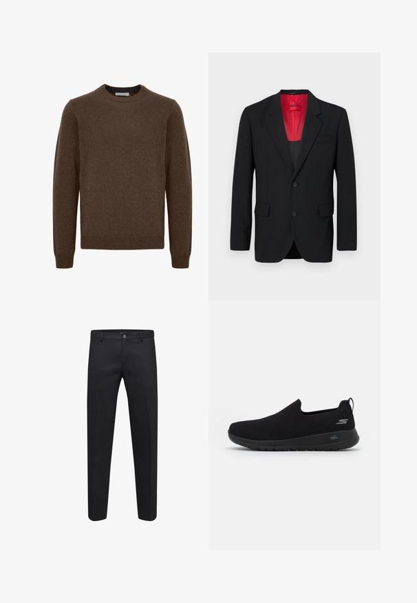 Juodas švarkas, pagamintas iš lygaus audinio, su raudona pamušalu, dviem priekinėmis kišenėmis ir dviem mygtukais. Iškirptos atlapos suteikia struktūrinio akcento.; Rudas megztinis su apvaliu iškirpimu, ilgomis rankovėmis, raukšlėtėmis ant rankovių ir apatinės dalies. Pagamintas iš minkštos, tekstūruotos medžiagos. Nėra matomų raštų ar akcentų.; Juodos pritaikytos kelnės, pagamintos iš lygaus audinio, su mygtuko uždarymo sistema, diržo kilpomis ir šoninėmis kišenėmis, tiesaus kirpimo.; Juodas slip-on tipo sportinis batelis su orui pralaidžia viršutine dalimi, apvaliu pirštu ir paminkštintu guminio pado. Šone yra logotipas.