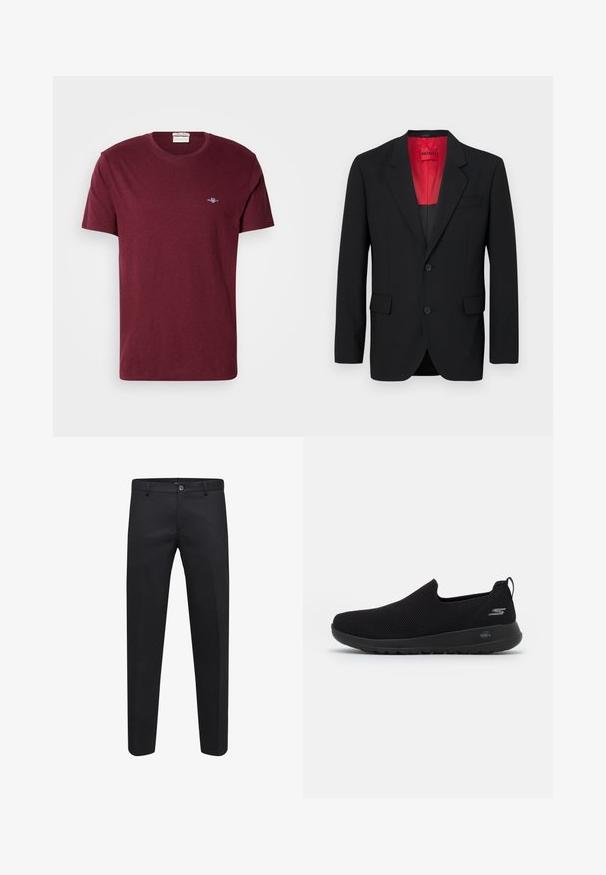 Black blazer made of smooth fabric, featuring a red lining, two front pockets, and two buttons. Notched lapels add structured detail.; Burgundy short-sleeve crew neck t-shirt with small white embroidered GANT logo on left chest.; Black tailored trousers made from a smooth fabric featuring a button closure, belt loops, and side pockets, with a straight-leg design.; Black slip-on sneaker with a breathable mesh upper, round toe, and cushioned rubber sole. Features a logo on the side.