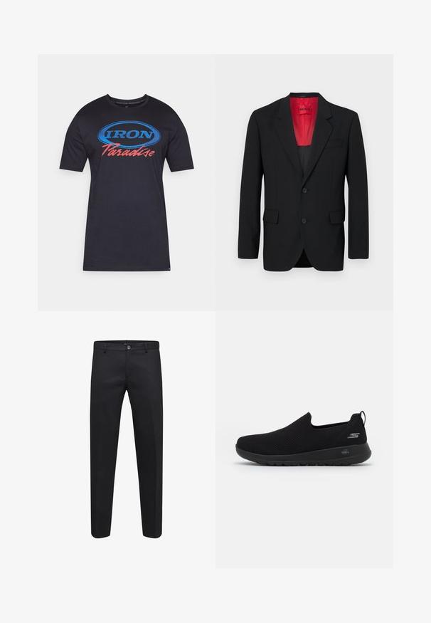 Melnas žaketes, izgatavotas no gludas auduma, ar sarkanu oderi, divām priekšējām kabatām un diviem pogām. Iespiestās atlokas piešķir struktūru.; Melna īsām piedurknēm T-kreklu, kas izgatavots no kokvilnas. Uz priekšu tā ir attēlota grafiska druka ar vārdu "IRON" zilā krāsā un "Paradise" sarkanā krāsā ovālā kontūrā.; Melni piegriezti bikses, kas izgatavotas no gludas auduma, ar pogu aizdari, jostu cilpām un sānu kabatām, ar taisnu kāju dizainu.; Melnas slip-on kedas ar elpojošu acs augšdaļu, apaļu purngalu un mīkstu gumijas zoli. Uz sāna ir logotips.