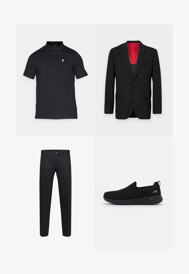 Musta bleiseri, joka on valmistettu sileästä kankaasta, jossa on punainen vuori, kaksi etutaskua ja kaksi nappia. Leikattu kaulus tuo rakenteellista yksityiskohtaa.; Mustapaita, joka on valmistettu puuvillasta ja jossa on kaulus, kolme nappia ja pieni valkoinen logo vasemmassa rinnassa. Lyhyet hihat, klassinen malli.; Musta räätälöity housut, jotka on valmistettu sileästä kankaasta ja jossa on nappikiinnitys, vyölenkit ja sivutaskut, suoran lahkeen muotoilu.; Mustat liu'utettavat tennarit, joissa on hengittävä verkko-osa, pyöreä kärki ja pehmustettu kumipohja. Sivussa on logo.