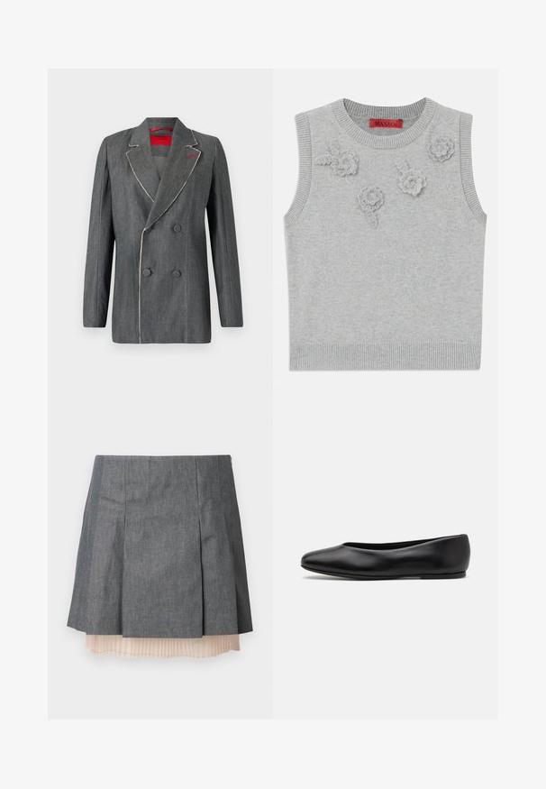 Grijs denim double-breasted blazer met contrasterende witte stiksels, gekozen revers en rode voering. Beschikt over ronde knopen en een gestructureerd ontwerp.; Lichtgrijze mouwloze trui met een geribbelde halslijn en zoom. Bevat drie textuurrijke bloemapplicaties op de voorkant. Merklabel: MAX&Co.; Grijs geplooide rok met een gestructureerde afwerking, featuring een semi-doorzichtige lichtroze geplooide onderlaag en een zijrits sluiting.; Paul Smith TOPANGA - Ballerina's - black