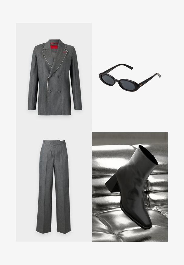 Blazer double boutonnage en denim gris avec des coutures blanches contrastantes, revers crantés et doublure rouge. Présente des boutons ronds et une conception structurée.; Chemise blanche à manches longues en coton, avec un col classique, une poche poitrine unique et des poignets boutonnés. Texture lisse, coupe droite.; Pantalons larges en tissu gris foncé, avec une taille haute, des plis à l'avant et une fermeture à un bouton sur le côté.; Botte noire à la cheville en matériau brillant avec un bout carré et un talon effilé, sur un fond argenté brillant et capitonné.; Lunettes de soleil noires surdimensionnées avec des verres ovoïdes, monture en plastique lisse et accents dorés sur les tempes. Les verres sombres offrent une protection contre le soleil.