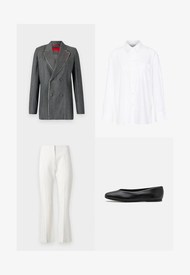 Grijs denim double-breasted blazer met contrasterende witte stiksels, gekozen revers en rode voering. Beschikt over ronde knopen en een gestructureerd ontwerp.; Witte lange mouwen overhemd met kraag van katoen. Voorzien van een knoopsluiting aan de voorkant en een enkele borstzak. Een gladde textuur en een ontspannen pasvorm.; Witte op maat gemaakte broeken met een uitlopende onderkant, voorzien van een vlakke voorkant, zonder zakken en een gladde stoftextuur.; Paul Smith TOPANGA - Ballerina's - black