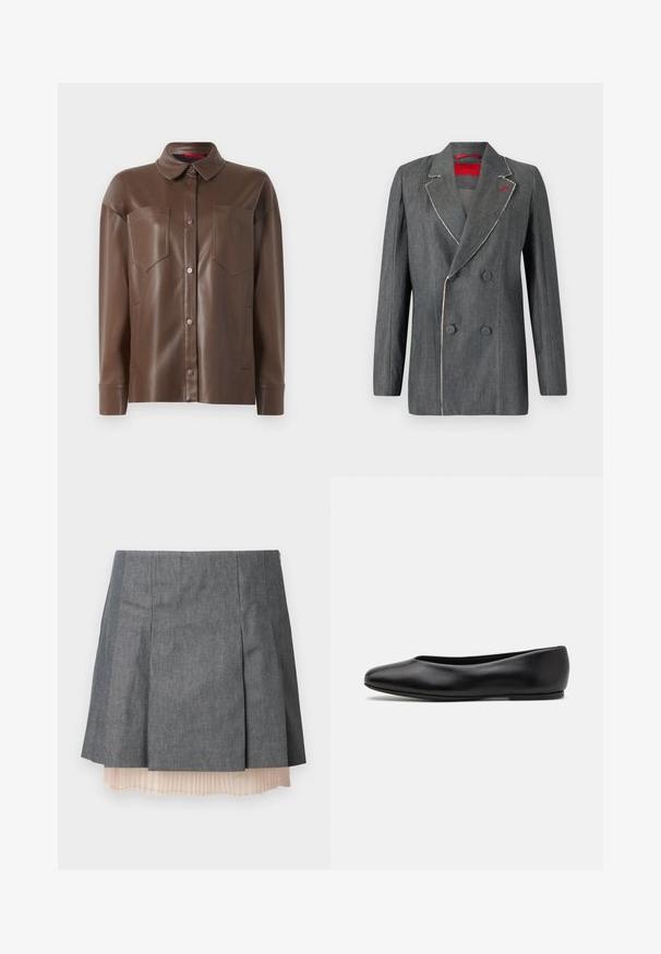 Szary dżinsowy marynarka podwójnie zapinana z kontrastowym białym przeszyciem, klapami typu notch oraz czerwonym podszyciem. Posiada okrągłe guziki i wyraźną strukturę.; Brązowa kurtka koszulowa z syntetycznej skóry z kołnierzykiem, z przodu zapinana na guziki oraz dwiema kieszeniami na piersi. Posiada gładką teksturę i dopasowany fason.; Szara spódnica w plisy o teksturowanym wykończeniu, z półprzezroczystą, jasnoróżową podszewką w plisy i bocznym zapięciem na zamek.; Paul Smith TOPANGA czarny