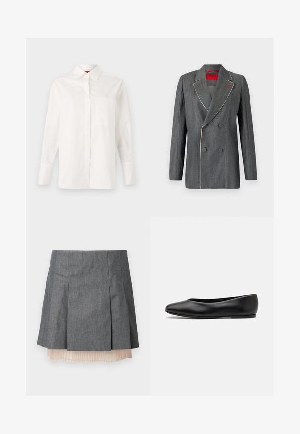 Grå denim dobbeltradet blazer med kontrasterende hvid syning, slå-om krave og rød foer. Har rundede knapper og struktureret design.; Hvid langærmet skjorte lavet af bomuld, med klassisk krave, enkelt brystlomme og knaplukninger ved manchetterne. Glat tekstur, lige snit.; Grå plisseret nederdel med en tekstureret overflade, der har et semi-gennemsigtigt lyserødt plisseret underlag og en sidelukning med lynlås.; Paul Smith TOPANGA - Ballerinasko - black
