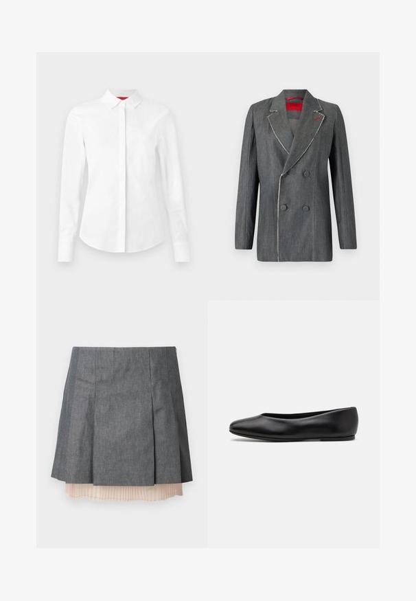 Grey denim double-breasted blazer with contrasting white stitching, notched lapels, and red lining. Features rounded buttons and structured design.; White long-sleeve button-up shirt with a pointed collar, concealed button placket, and tailored fit on a plain background.; Gray pleated skirt with a textured finish, featuring a semi-sheer light pink pleated underlayer and a side zipper closure.; Paul Smith TOPANGA - Ballet pumps - black