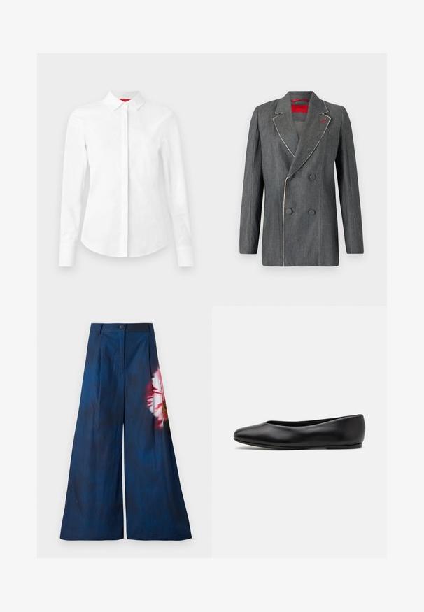 Blazer double boutonnage en denim gris avec des coutures blanches contrastantes, revers crantés et doublure rouge. Présente des boutons ronds et une conception structurée.; Chemise blanche à manches longues avec col pointu, patte de boutonnage dissimulée et coupe ajustée sur fond uni.; Pantalons larges en tissu navy foncé, avec un motif floral rose et jaune d'un côté, et une fermeture à bouton à la taille.; Paul Smith TOPANGA - Ballerines - black