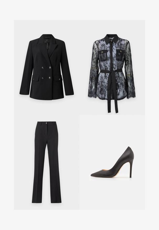 Svart dobbeltspent blazer laget av glatt stoff, med splittkrage, to frontlommer og runde svarte knapper.; Svart blondebluse med lange ermer, knapplukking på brystlommene, klassisk krage og belte i stoff knyttet rundt livet. Gjennomsiktig design.; Svarte, skreddersydde bukser med rett ben-design. Har knappelukking, beltesløyfer og en glatt, matt tekstur.; Sorte lærhøye hæler med spiss tå og glatt tekstur, med en slank hæl og minimalistisk design.