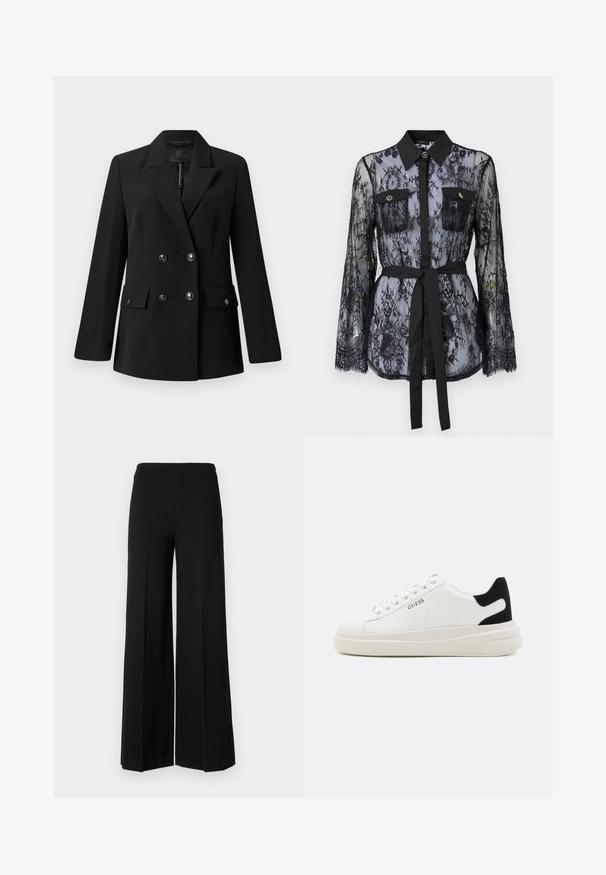Blazer noir croisé en tissu lisse, avec un col à revers, deux poches avant et des boutons ronds noirs.; Blouse en dentelle noire avec des manches longues, des poches poitrine boutonnées, un col classique et une ceinture en tissu nouée à la taille. Design transparent.; Pantalons larges noirs avec une texture lisse, présentant une taille haute et sans fermetures visibles. Design simple et épuré.; Baskets en cuir blanc avec une épaisse semelle blanche, un accent en daim noir au niveau du talon et un logo embossé sur le côté. Design à lacets avec six œillets.