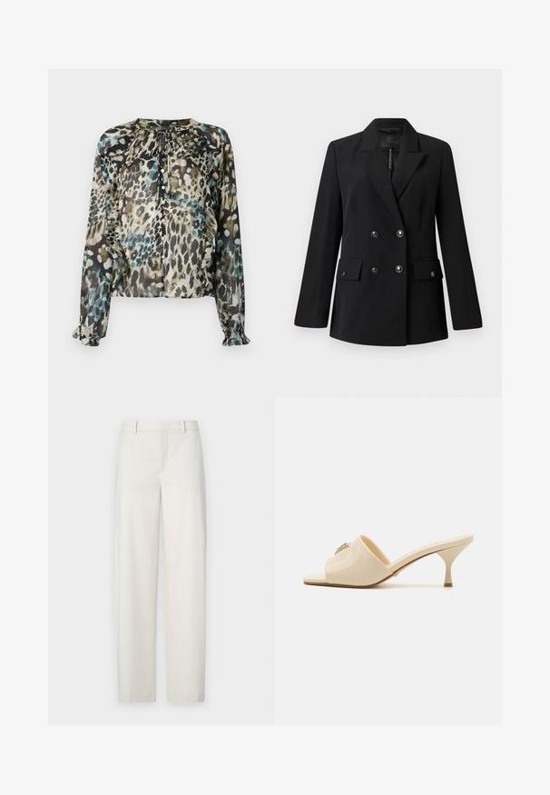 Zwarte dubbel-breasted blazer van zachte stof, met een geknipt kraag, twee voorzakken en ronde zwarte knopen.; Doorzichtige blouse met lange mouwen in een meerkleurige luipaardprint, met een ronde halslijn, strikdetail en gerimpelde manchetten.; Lichtbeige broek gemaakt van een gladde stof, met een rechte snit, platte voorkant, riemlussen en zakken aan de zijkant.; Beige patent leather open-toe mule sandaal met een lage stilettohak. Kenmerken een centrale decoratieve accent op de bovenkant. Glad, glanzend afwerking.