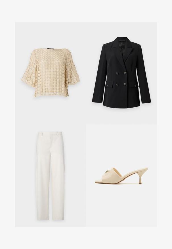 Melna dubultā svītra žakete, izgatavota no gludas auduma, ar iegrieztu apkakli, divām priekšējām kabatām un apaļām melnām pogām.; Bēša blūze ar teksturētu ziedu rakstu, kurai ir plašas piedurknes un noapaļota izgriezne. Izgatavota no viegla, izšūta auduma.; Gai beige bikses, kas izgatavotas no gludas auduma, ar taisnu piegriezumu, plakano priekšpusi, jostas cilpām un sānu kabatām.; Bežs patentēta ādas atvērtā pirksta mūlisandaļa ar zemu stiletto papēdi. Uz augšdaļas ir centrāla dekoratīva akcenta iezīme. Gluda, spīdīga apdare.