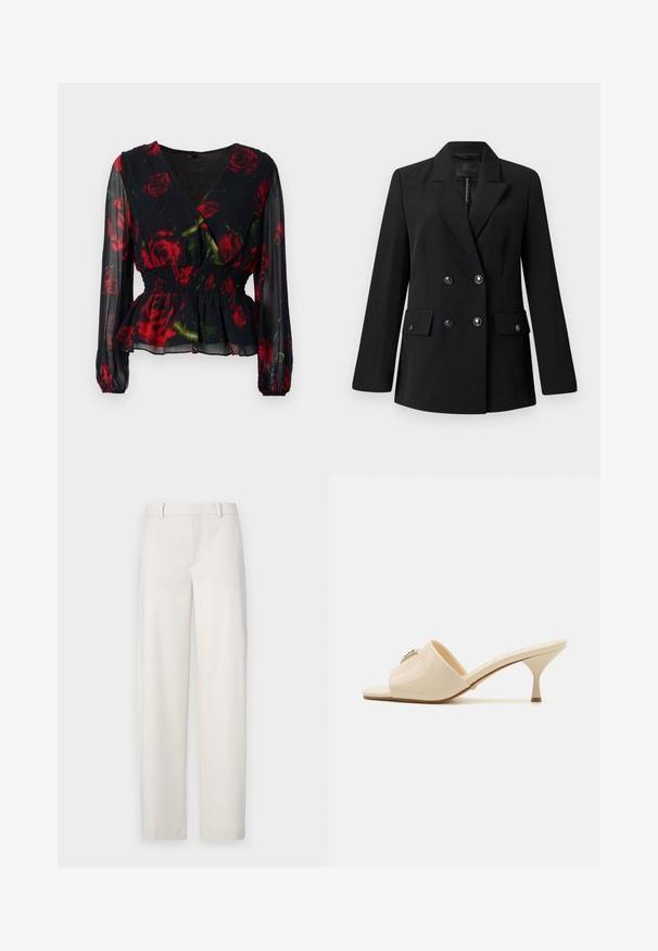 Sort dobbeltbrystet blazer lavet af glat stof, med en spids krave, to frontlommer og runde sorte knapper.; Mørk blomstret bluse med indpakningsdesign, røde roser på sort baggrund, gennemsigtigt stof, lange ærmer, smocket talje og flæsekanter.; Lys beige bukser lavet af et glat stof, med en lige pasform, flad front, bæltestropper og sidelommer.; Beige patentlæder åbent tå mule sandal med en lav stilettohæl. Har en central dekorativ detalje på overdelen. Glat, blank overflade.