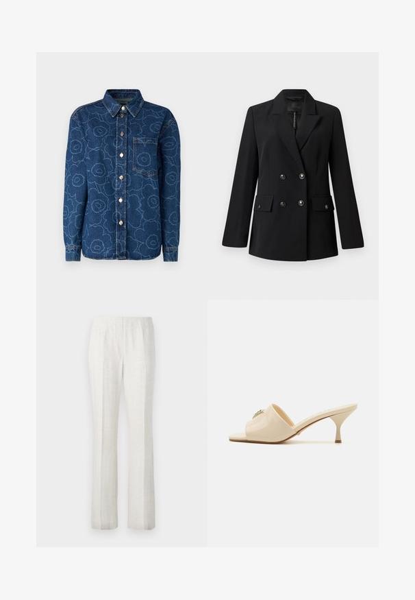 Černý dvouřadý blejzr vyrobený z hladké tkaniny, s klopovým límcem, dvěma předními kapsami a kulatými černými knoflíky.; Marimekko Košile - denim; Černý žebrovaný top s kulatým výstřihem a malým trojúhelníkovým logem v stříbrných akcentéch uprostřed přední části. Přiléhavý střih bez rukávů.; Světle barevné kalhoty rovného střihu s hladkou texturou, se záhyby vpředu a čistým designem pásku.; Krémové lakované kožené sandály typu mule s otvorenou špičkou a nízkým stiletto podpatkem. Obsahují centrální dekorativní prvek na svršku. Hladký, lesklý povrch.