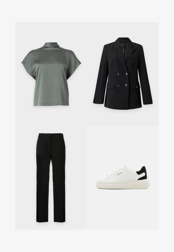 Blazer doppiopetto nero realizzato in tessuto liscio, con collo a risvolto, due tasche frontali e bottoni neri rotondi.; Top a maniche corte di colore verde tenue, realizzato in tessuto morbido con colletto ripiegato. Vestibilità rilassata senza motivi visibili o dettagli in metallo.; Pantaloni neri con un design a gamba dritta, realizzati in tessuto liscio, con una parte frontale piatta, passanti per cintura e senza motivi o dettagli visibili.; Sneaker bianchi in pelle con suola spessa bianca, accento in suede nero sul tallone e logo impresso sul lato. Design con lacci e sei fori per i lacci.