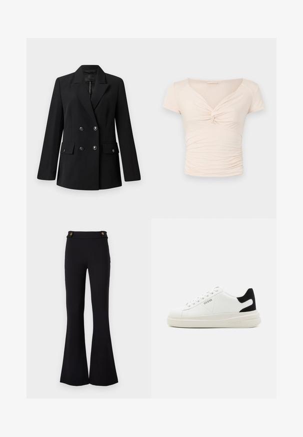 Must mustriga mustriga mustriga mustriga, kus on nurgakolmnurkne krae, kaks esistikku ja ümmargused mustad nööbid.; Heledad beež pluus lühikeste varrukatega, V-kaelusega ja esise keerdumise detailiga, külgedel kogutud tekstuuriga, et saavutada keha lähedane mudel.; Mustad flared püksid, mis on valmistatud elastsetest materjalidest. Omab kahte kuldsete nuppudega vöökohal. Sile tekstuur ja sobib puusade järgi.; Valged nahast tennisetossud paksu valge tallaga, musta sametist kontsakeeuga ja külje peal riigilogo reljeefne kujundus. Lukkeskeem kuue silmaauguga.