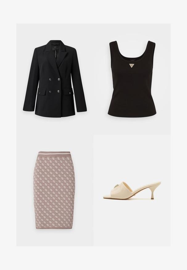 Fekete, dupla soros blézer sima anyagból, kihajtható gallérral, két elülső zsebbel és kerek fekete gombokkal.; Fekete bordás trikó, kerek nyakkivágással és egy kis ezüst színű háromszöglogóval az elején. Fits, ujjatlan kivitel.; Kötött ceruzaszoknya világosbarnában, krémmel mintázott dizájnnal, bordás derékrésszel és ellentétes csíkkal. Sima textúra.; Beige lakkbőr nyitott orrú muleszandál, alacsony stiletto sarokkal. Középen dekoratív díszítéssel ellátva. Simára polírozott, fényes felület.