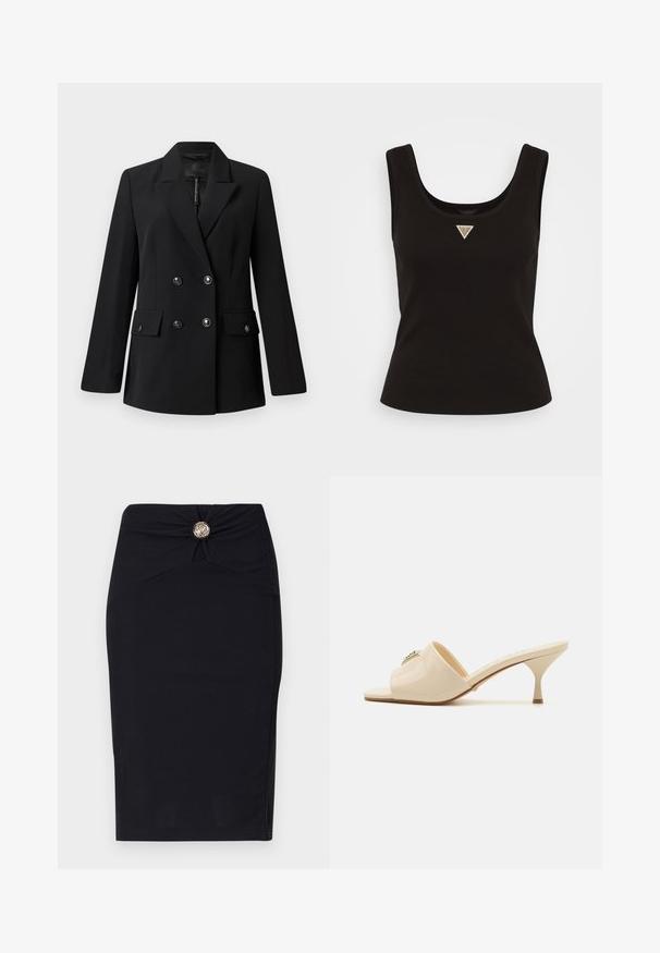 Zwarte dubbel-breasted blazer van zachte stof, met een geknipt kraag, twee voorzakken en ronde zwarte knopen.; Zwarte geribde tanktop met een ronde hals en een klein driehoekig logo in zilveren accenten aan de voorkant in het midden. Aansluitend ontwerp zonder mouwen.; Zwarte kokerrok met een strakke pasvorm, voorzien van een gedraaide voorkant en een ronde gouden knoopaccent bij de taille. Voelt glad aan.; Beige patent leather open-toe mule sandaal met een lage stilettohak. Kenmerken een centrale decoratieve accent op de bovenkant. Glad, glanzend afwerking.