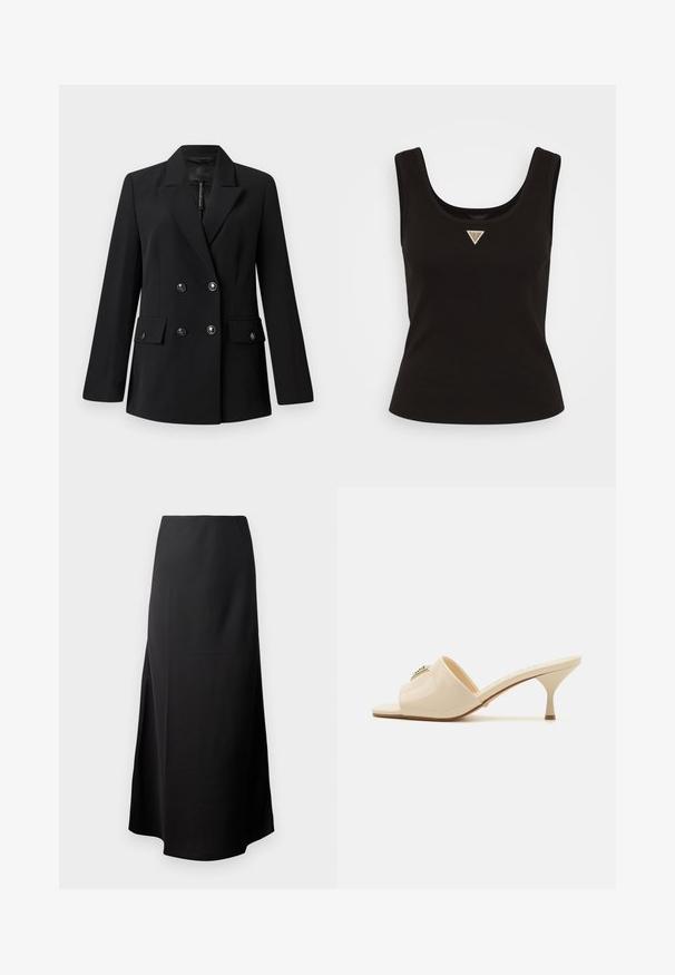 Schwarzer, doppelt geknöpfter Blazer aus glattem Stoff mit Reverskragen, zwei Fronttaschen und runden, schwarzen Knöpfen.; Schwarzes Rippentop mit Rundhalsausschnitt und einem kleinen dreieckigen Logo in silberfarbenen Akzenten auf der Vorderseite. Enganliegendes Design ohne Ärmel.; Schwarzer Midirock mit glatter Textur, entworfen mit einer hohen Taille und einem seitlichen Schlitz, der eine schlichte, ungeschmückte Silhouette aufweist.; Beige Lackleder Sandale mit offener Spitze und niedrigem Stiletto-Absatz. Verfügt über ein zentrales dekoratives Element im Obermaterial. Glatte, glänzende Oberfläche.