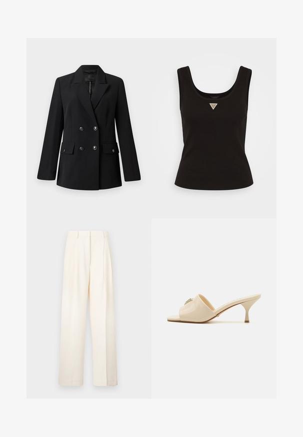 Schwarzer, doppelt geknöpfter Blazer aus glattem Stoff mit Reverskragen, zwei Fronttaschen und runden, schwarzen Knöpfen.; Schwarzes Rippentop mit Rundhalsausschnitt und einem kleinen dreieckigen Logo in silberfarbenen Akzenten auf der Vorderseite. Enganliegendes Design ohne Ärmel.; Bequeme, cremefarbene Weite Hosen, aus glattem Stoff gefertigt. Sie verfügen über ein maßgeschneidertes Design mit vorderen Falten und einem geraden Schnitt.; Beige Lackleder Sandale mit offener Spitze und niedrigem Stiletto-Absatz. Verfügt über ein zentrales dekoratives Element im Obermaterial. Glatte, glänzende Oberfläche.
