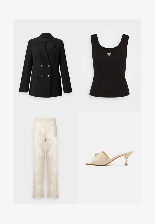 Čierny dvojradový blejzer vyrobený z hladkého materiálu, s ozdobným golierom, dvoma prednými vreckami a okrúhlymi čiernymi gombíkmi.; Čierny rebrovaný tielko s výstrihom do lodičky a malým trojuholníkovým logom so striebornými akcentmi v strede prednej časti. Fitted dizajn bez rukávov.; Krajkové nohavice s širokými nohavicami v krémovej farbe, s detailne vypracovanými kvetinovými vzormi a textúrovaným povrchom. Elastický pás pre pohodlie.; Béžové patentné kožené sandále s otvorenou špičkou a nízkym stiletto podpätkom. Obsahujú centrálny dekoračný prvok na vrchu. Hladký, lesklý povrch.
