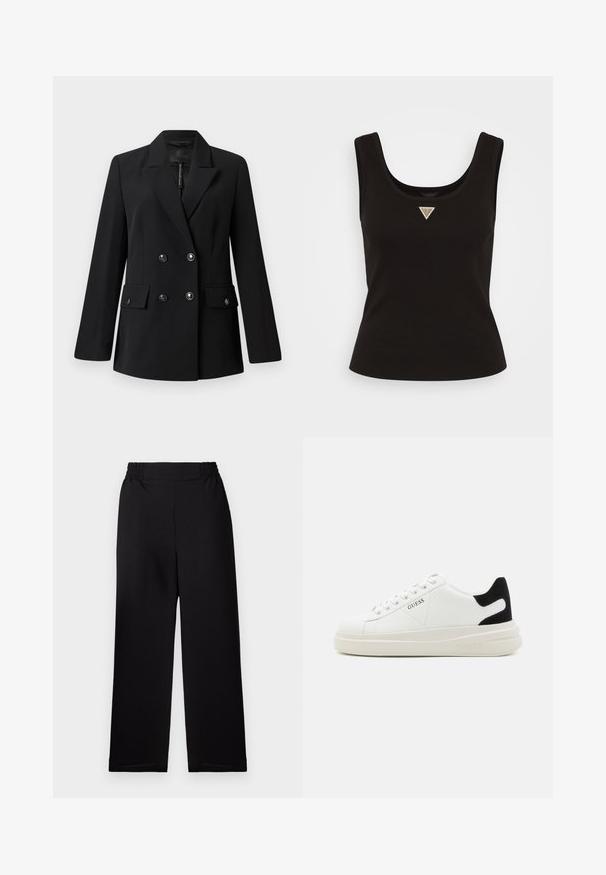 Musta kaksirivinen bleiseri, joka on valmistettu sileästä kankaasta. Tekstiilissä on merkitsevät kaulukset, kaksi etutaskua ja pyöreät mustat napit.; Mustaa ribbitaustalla varustettu hihaton toppi, jossa on pyöreä kaula-aukko ja pieni kolmion muotoinen logo hopeisilla yksityiskohdilla keskellä etuosaa. Muotoiltu malli ilman hihoja.; Mustat laskeutuvat leveälahkeiset housut joustavalla vyötärönauhan kanssa. Materiaalissa on tekstuurinen pinta. Ei näkyvää varustusta tai kuvioita.; Valkoiset nahkakengät paksulla valkoisella pohjalla, mustalla mokkanahkaosuudella kannassa ja kohokuvioitu logo sivulla. Nauhakeskitys kuudella reiällä.