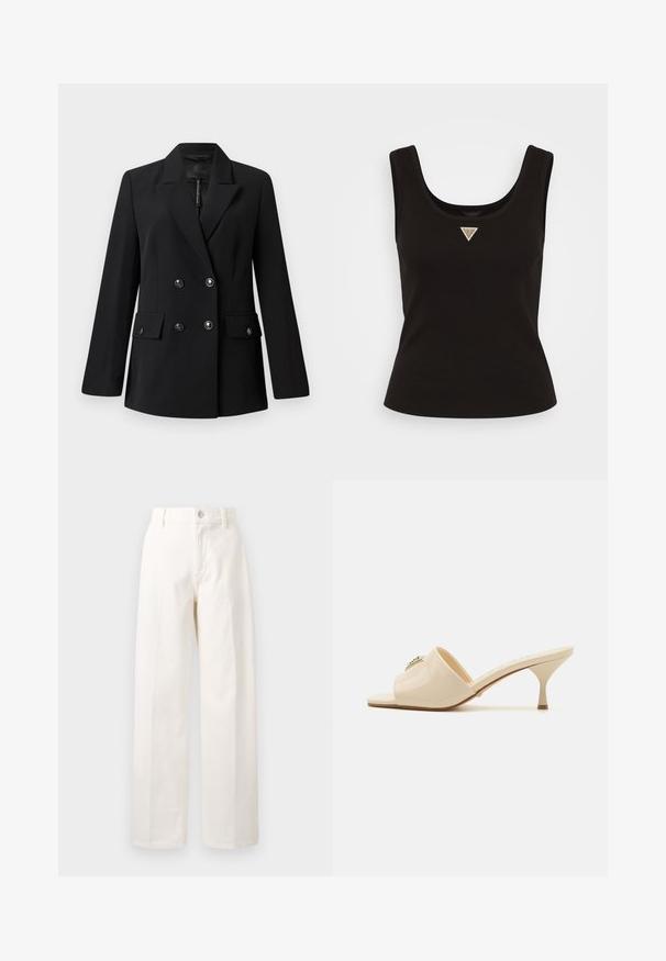 Black double-breasted blazer made of smooth fabric, featuring a notched collar, two front pockets, and round black buttons.; Black ribbed tank top with a scoop neck and a small triangle logo in silver accents at the center front. Fitted design with no sleeves.; White wide-leg pants made of cotton, featuring a front button closure, belt loops, and straight cut with no visible patterns.; Beige patent leather open-toe mule sandal with a low stiletto heel. Features a central decorative accent on the upper. Smooth, glossy finish.