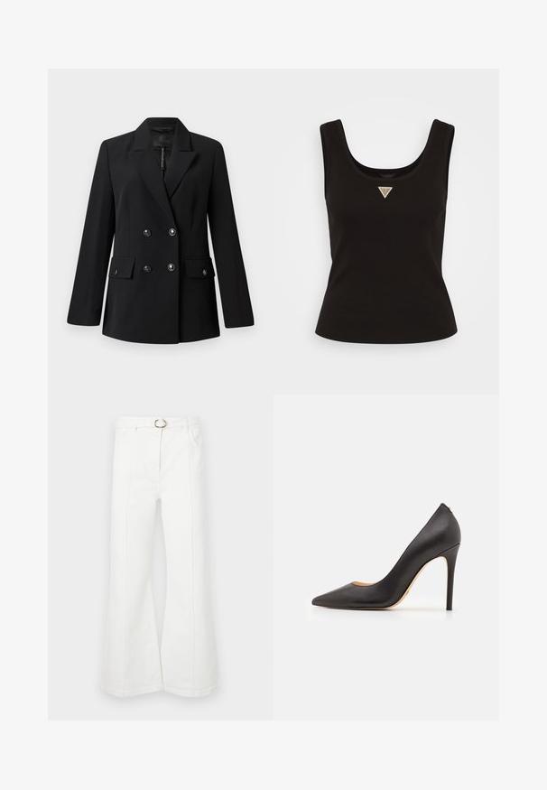 Crni dvoredni sako od glatkog materijala, s oštrim ovratnikom, dva prednja džepa i okruglim crnim dugmadima.; Crni rebrasti atletski top s izrezom u obliku srca i malim trokutastim logom u srebrnim akcentima na prednjoj strani. Uklapajući dizajn bez rukava.; Bijele široke traperice s visokim strukom, s remenom, dva prednja džepa i vidljivim šavovima na nogama. Izrađene od denima.; Crne kožne štikle s visokim potpeticama, šiljastog vrha i glatkom teksturom, s vitkom potpeticom i minimalističkim dizajnom.